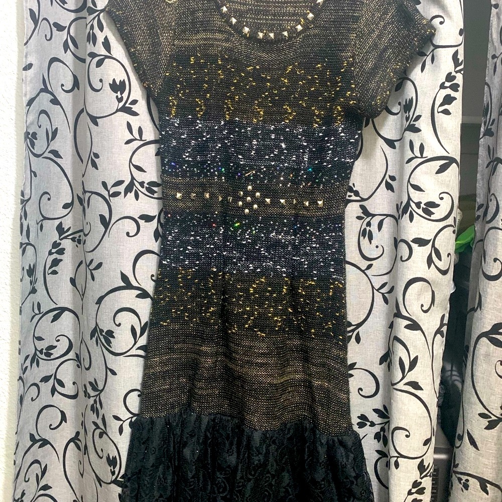 CHANEL Black and Gold Tweed Midi Dress with Stud Detail